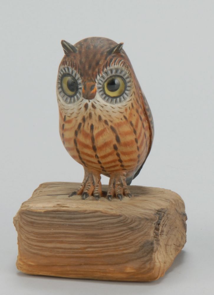 Appraisal: MINIATURE SCREECH OWL By Crowell No stamp Mounted on a