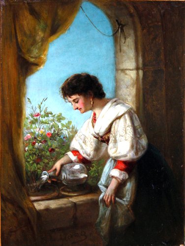 Appraisal: Artist Lang L Title Woman on Balcony Watering Flowers Date