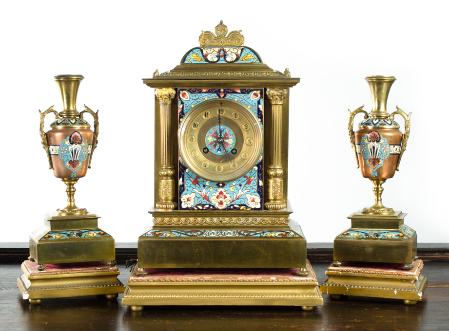 Appraisal: THREE-PIECE BRASS AND CHAMPLEVE ENAMEL CLOCK SET Ad Mougin French