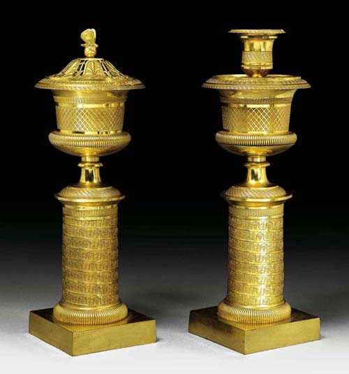 Appraisal: PAIR OF GILT BRONZE CASSOLETTES Empire Restauration Paris circa With