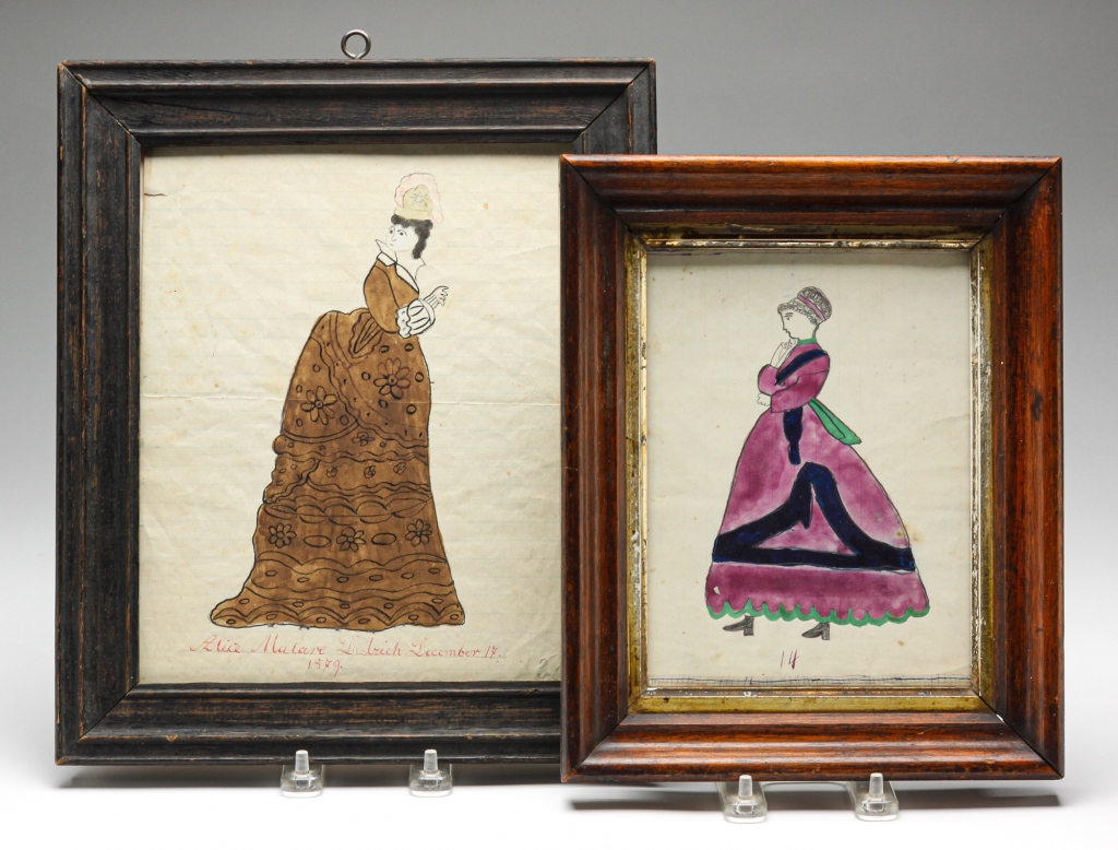 Appraisal: TWO FOLK ART PAINTINGS OF WOMEN American and possibly European