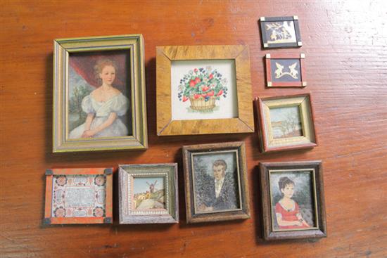 Appraisal: NINE PIECES FRAMED MINIATURE FOLK ART All are contemporary Six