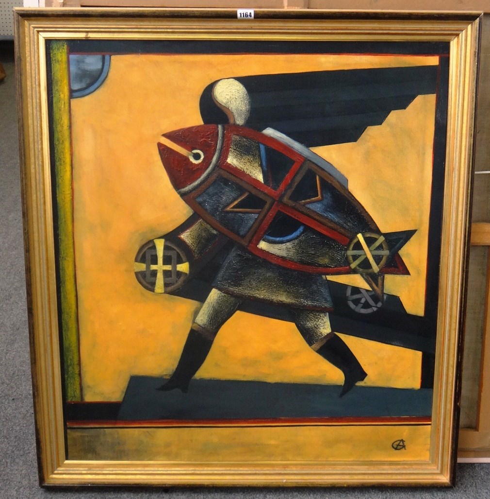 Appraisal: Russian School th century Warrior with Fish shield oil on