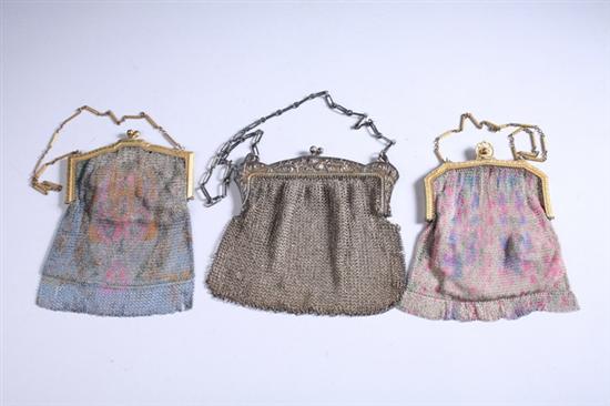 Appraisal: THREE SILVER MESH HANDBAGS Circa Two polychrome painted with fringe