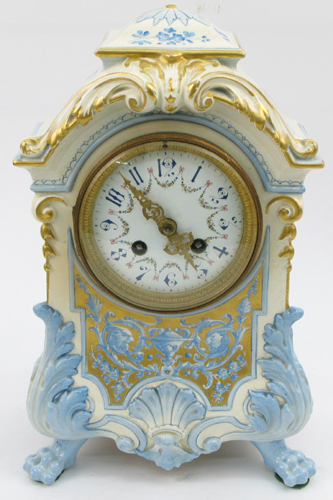 Appraisal: FRENCH FAIENCE MARTI MANTLE CLOCK cream blue and gold hand