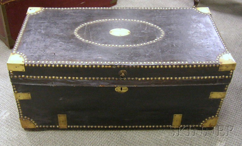 Appraisal: Chinese Export Brass-mounted Black Leather-clad Camphorwood Trunk the lid with