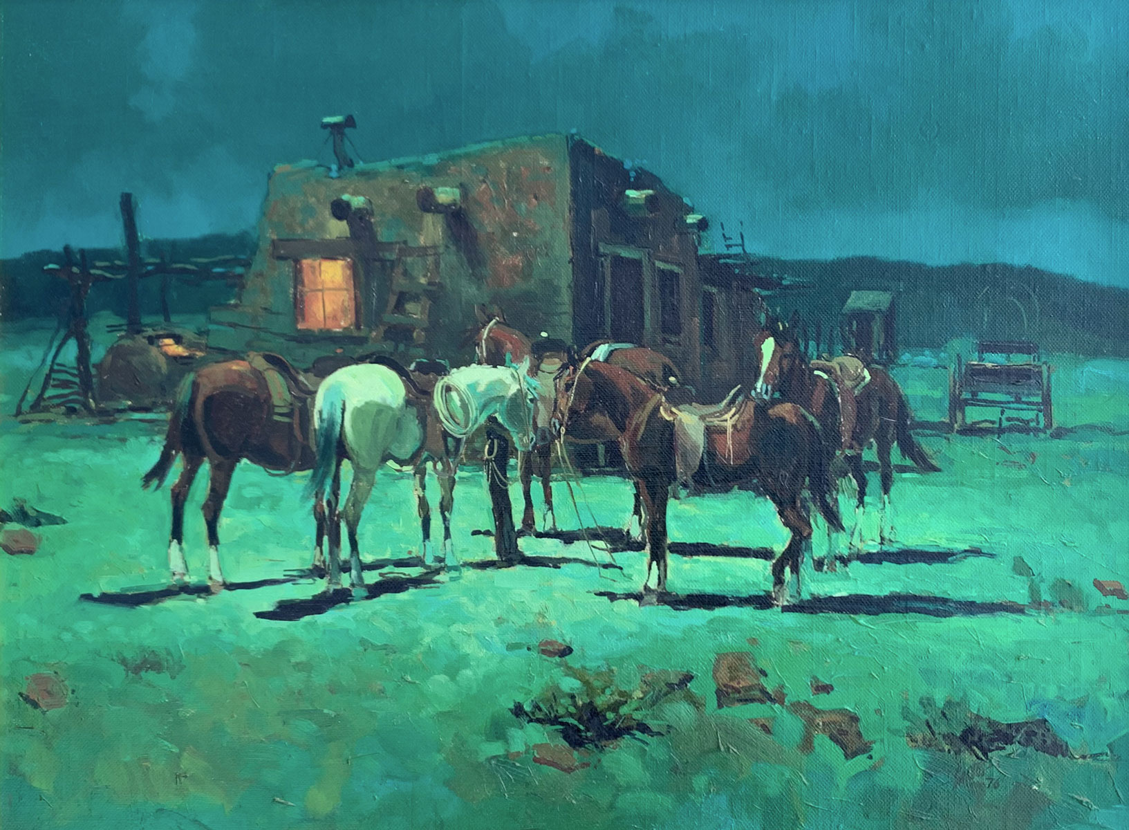 Appraisal: SANTOS Jesse American b Horses Waiting Outside an Adobe Building