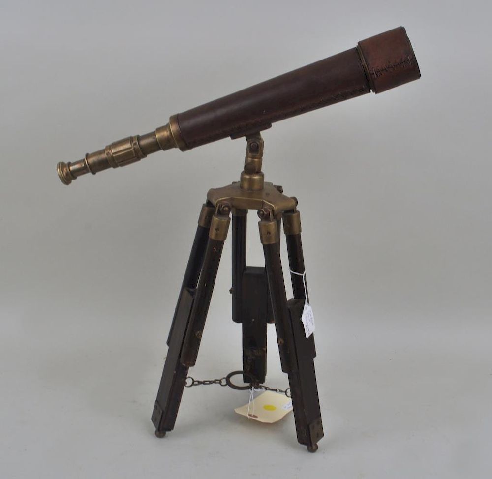 Appraisal: Vintage Brass Wood Leather Tabletop Telescope with use wear finish