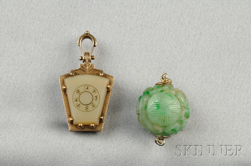 Appraisal: Two kt Gold and Hardstone Jewelry Items a carved jadeite