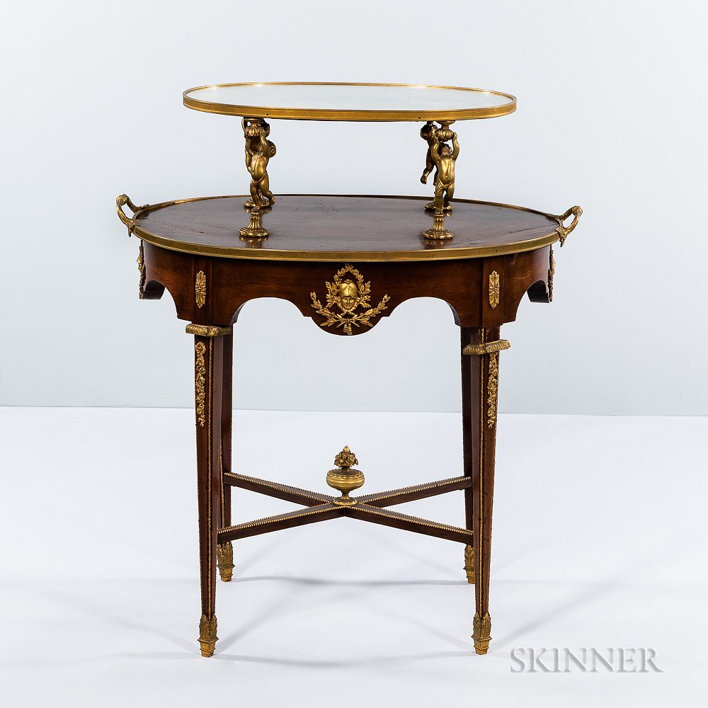 Appraisal: Louis XVI-style Mahogany-veneered Oval Two-tier Table Louis XVI-style Mahogany-veneered Oval