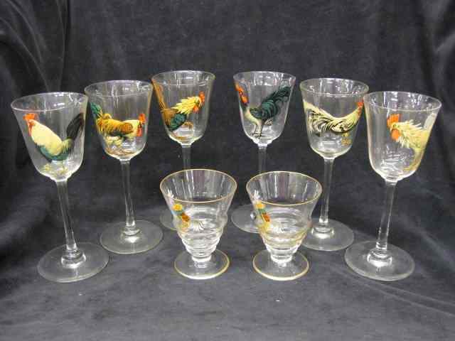 Appraisal: pcs Handpainted Crystal wines cordials rooster decor