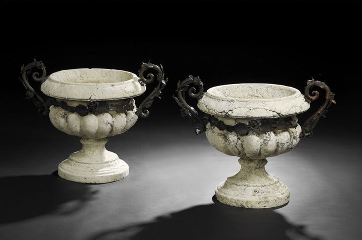 Appraisal: Pair of Victorian-Style Cast-Stone Garden Urns th century each with