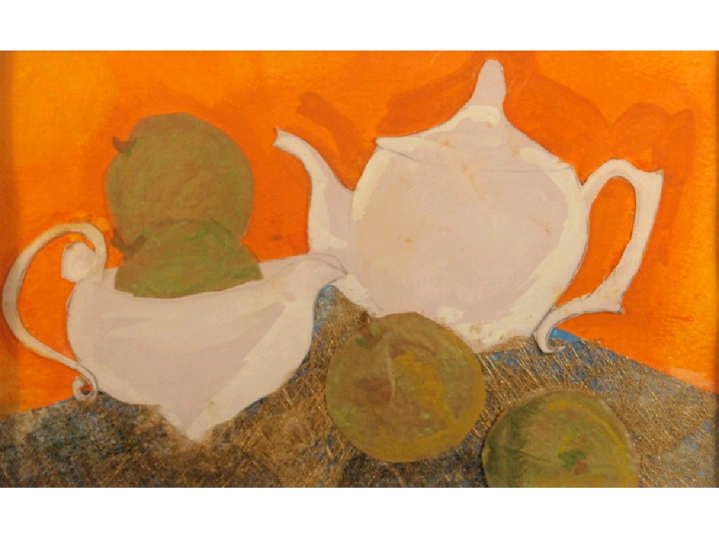 Appraisal: Anne Mercer contemporary Golden apples silver pots still life collage