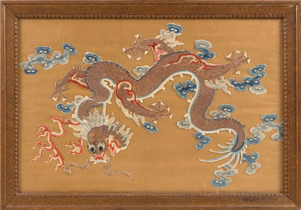 Appraisal: CHINESE SILK NEEDLEWORK DRAGON APPLIQUE TH CENTURY X SIGHT FRAMED