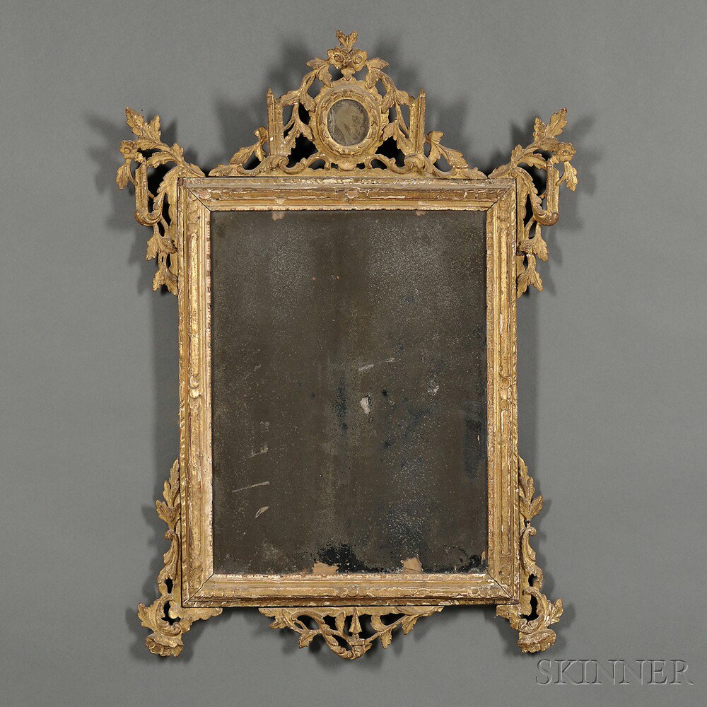 Appraisal: Continental Giltwood Mirror th century rectangular mirror plate surmounted by