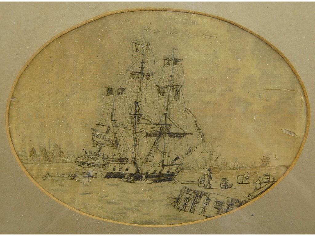 Appraisal: Early th century silkwork - Warship setting off oval x