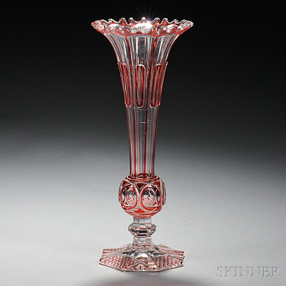 Appraisal: Ruby-to-Clear Glass Vase late th early th century trumpet-form with