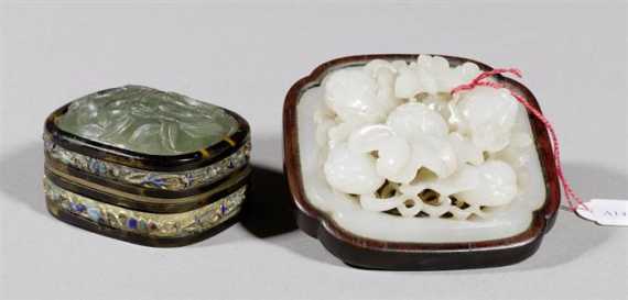 Appraisal: WHITE JADE FLOWER CARVING AND BOX WITH GREEN JADE COVER