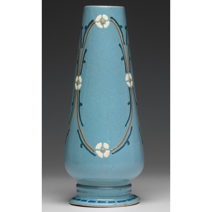 Appraisal: Roseville Aztec vase reverse tapered shape in blue squeeze bag