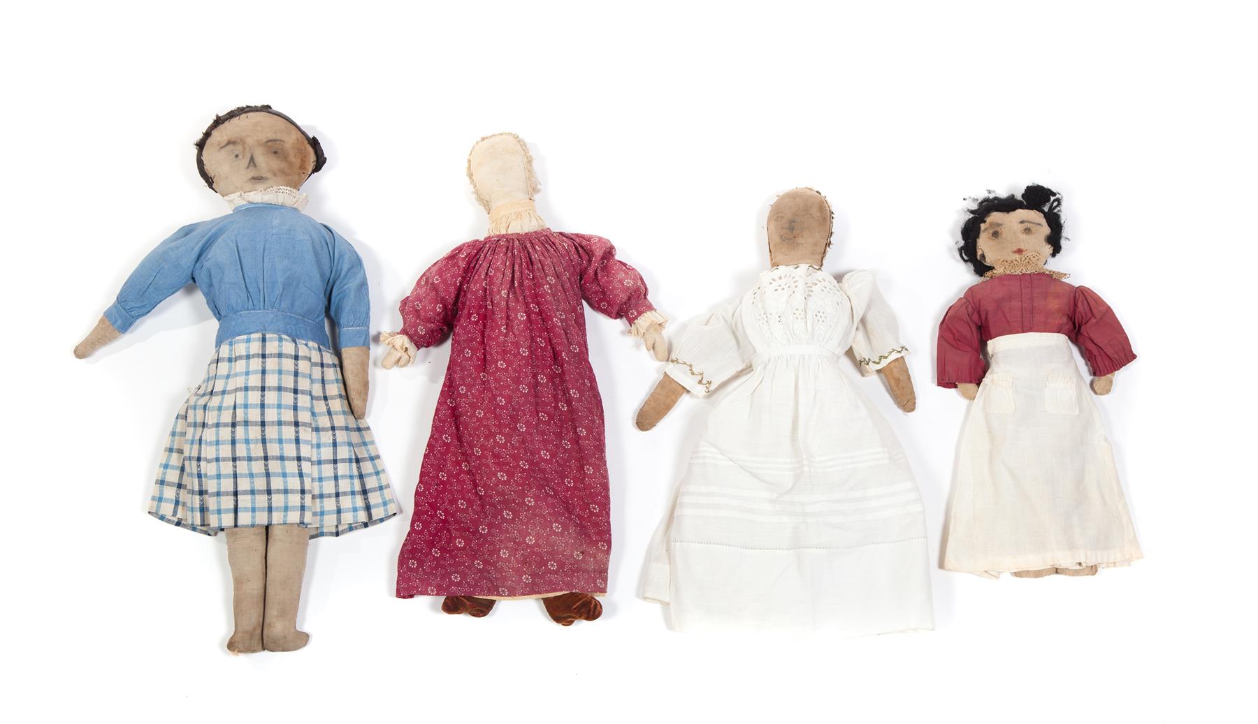 Appraisal: FOUR CLOTH DOLLS WITH DRAWN FEATURES American late th-early th