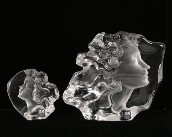 Appraisal: Mats Jonasson etched Swedish crystal paperweights female profiles Tallest H