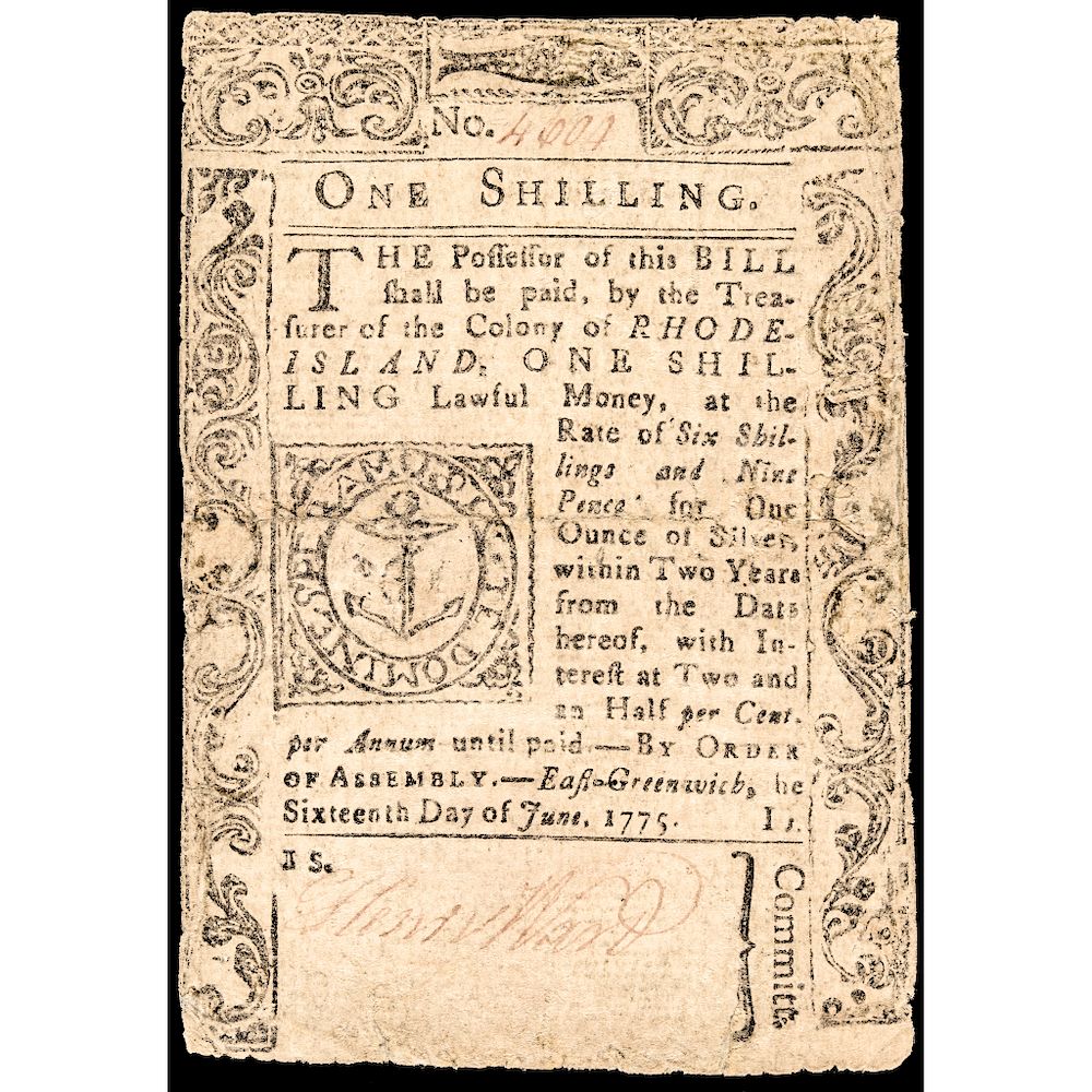 Appraisal: Colonial Currency RI June Shilling Rhode Island Currency June One