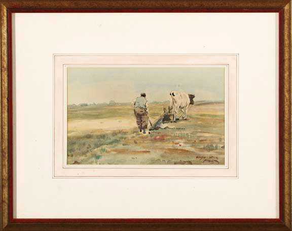 Appraisal: American School th Century Man Plowing with Ox watercolor sight