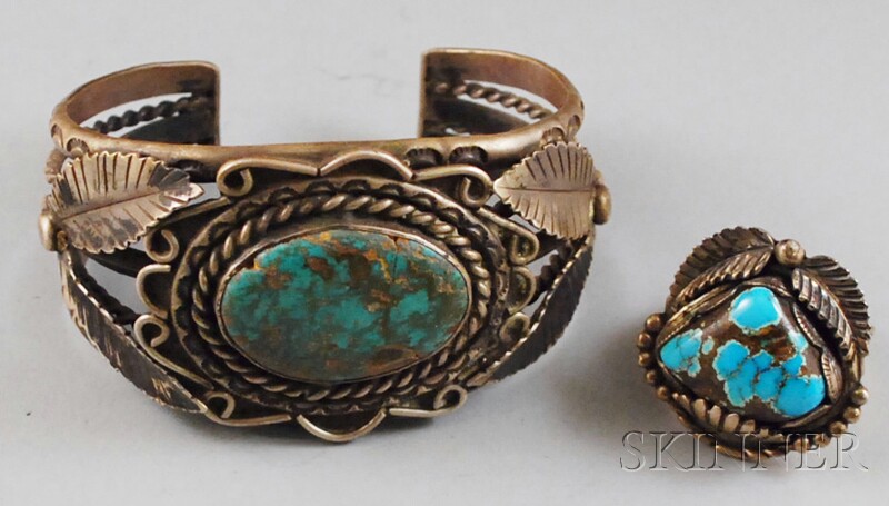 Appraisal: Two Silver and Turquoise Southwest-style Jewelry Items a cuff and