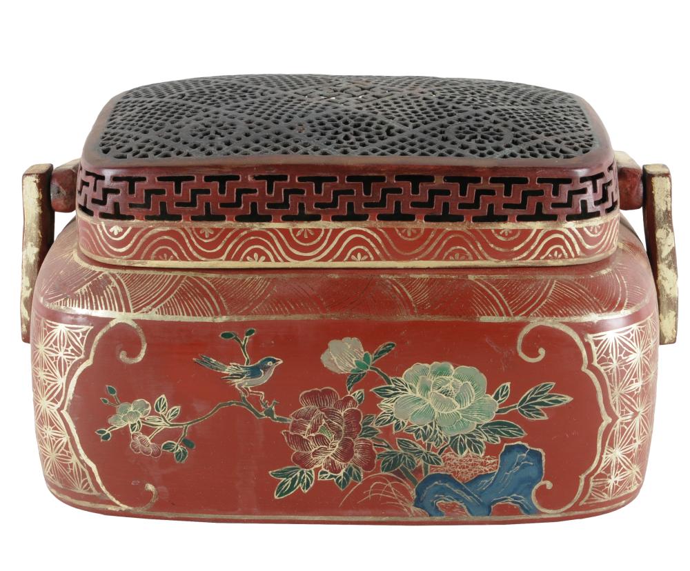 Appraisal: CHINESE POLYCHROME-PAINTED BRONZE WARMERCondition the lid with minor dents some