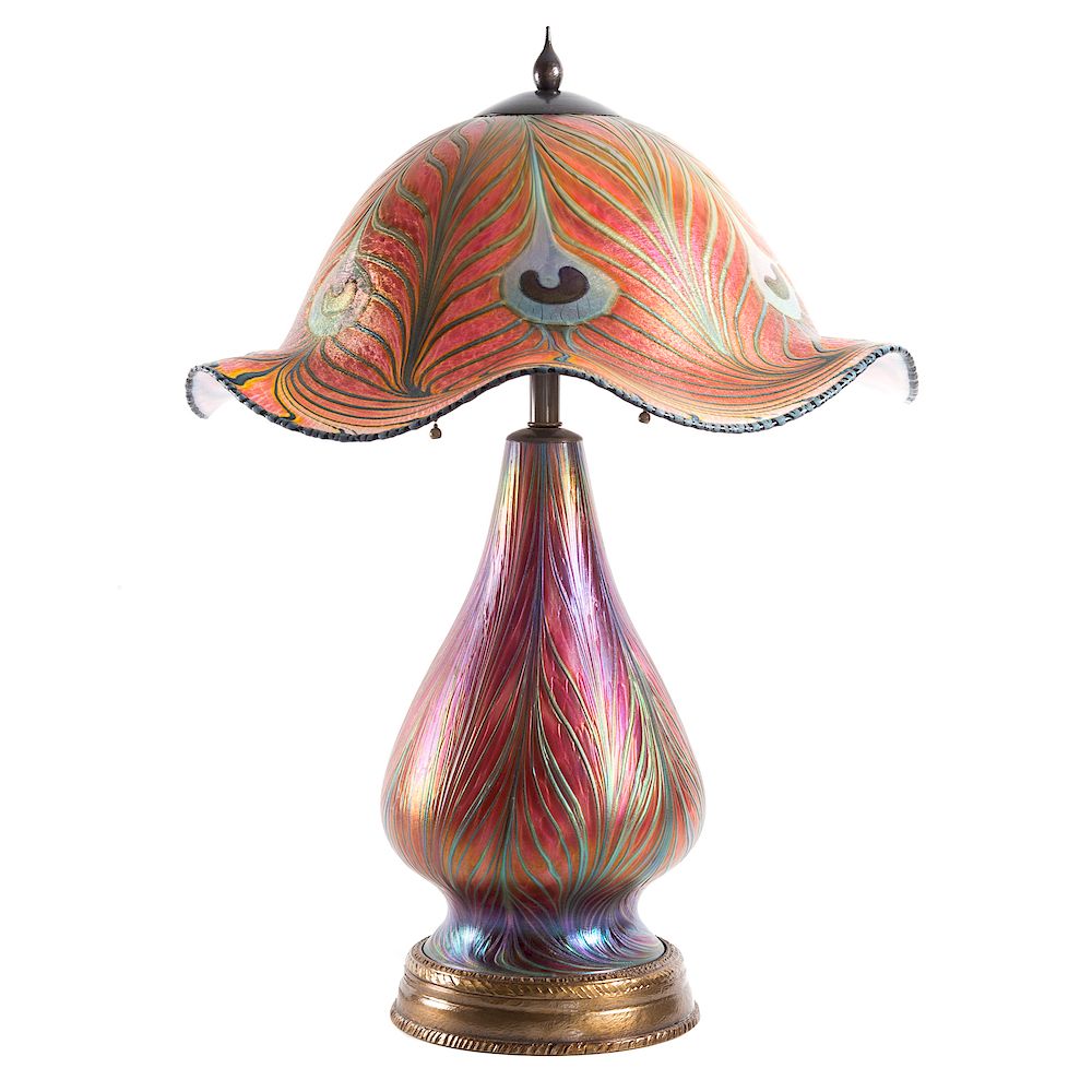 Appraisal: Charles Lotton Peacock Feather Glass Lamp American th Century elaborate