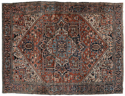 Appraisal: Heriz rug light blue central medallion on brick-red ground ft