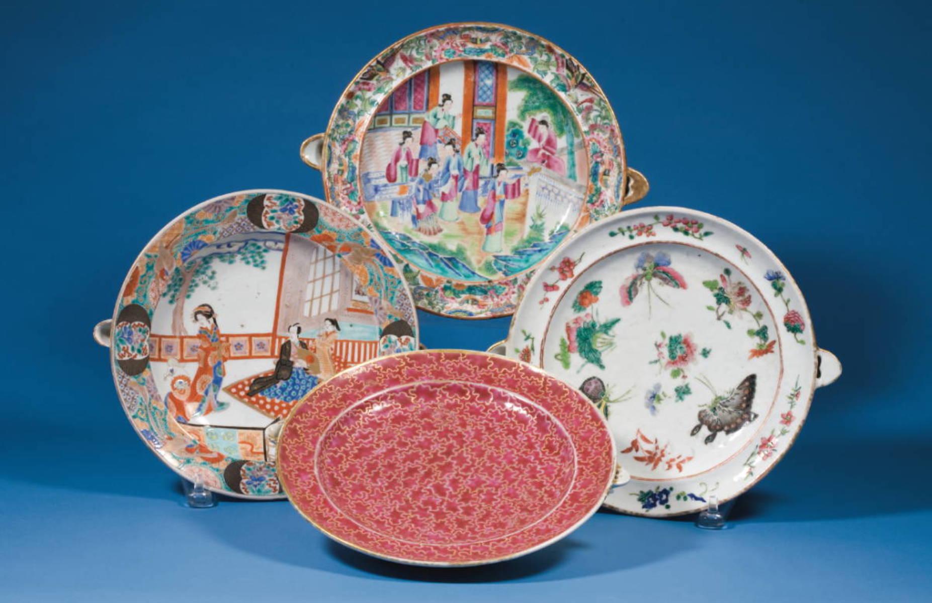 Appraisal: FOUR CHINESE EXPORT PORCELAIN HOT WATER PLATES THREE WITH POLYCHROME