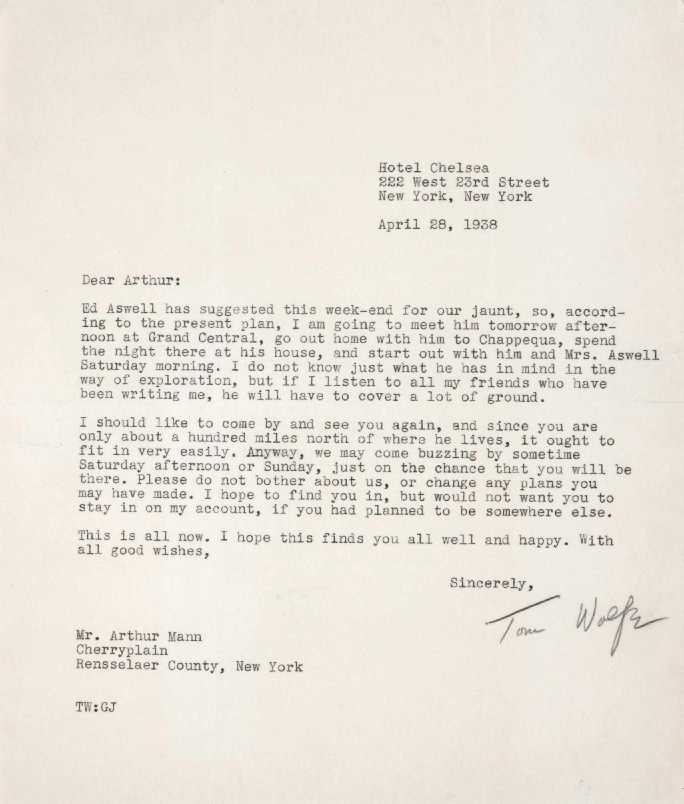 Appraisal: WOLFE THOMAS Typed Letter Signed ''Tom Wolfe'' p to New