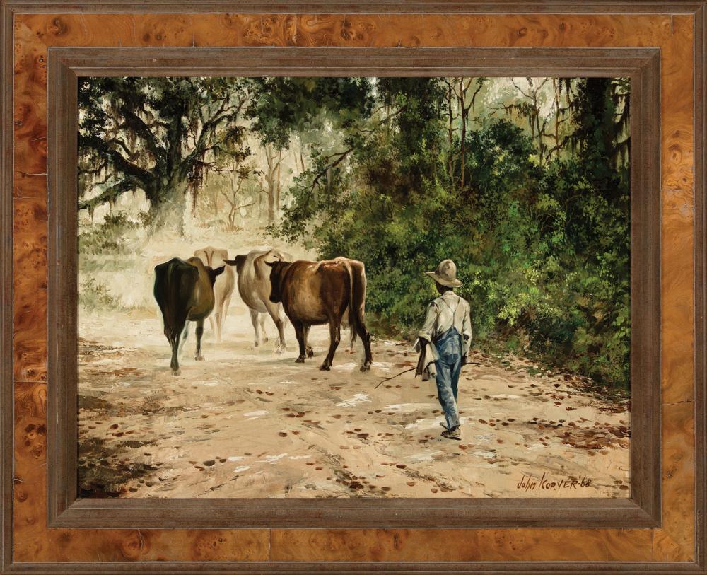 Appraisal: John Korver American Louisiana - Herding Cows oil on canvas