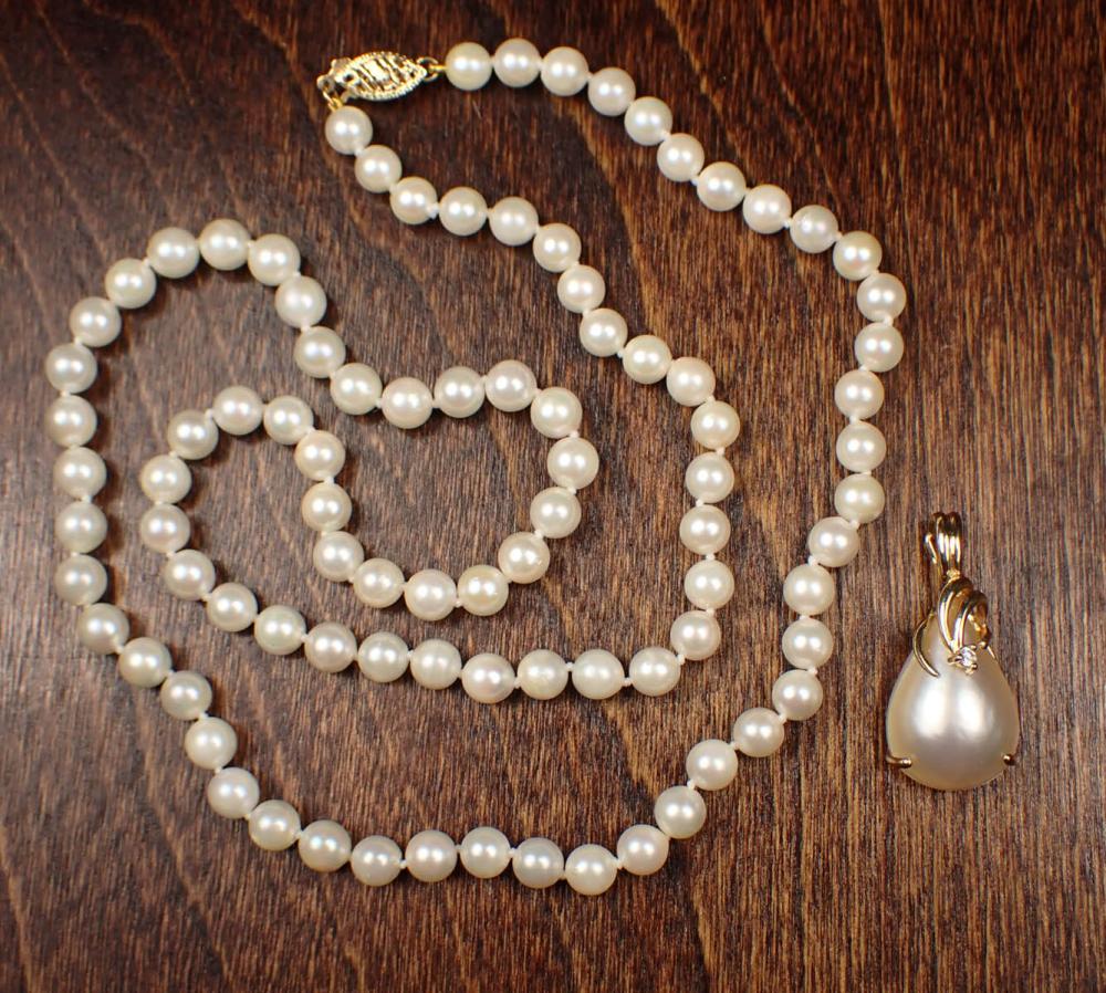 Appraisal: PEARL NECKLACE WITH MABE PEARL ENHANCER PENDANT including a -