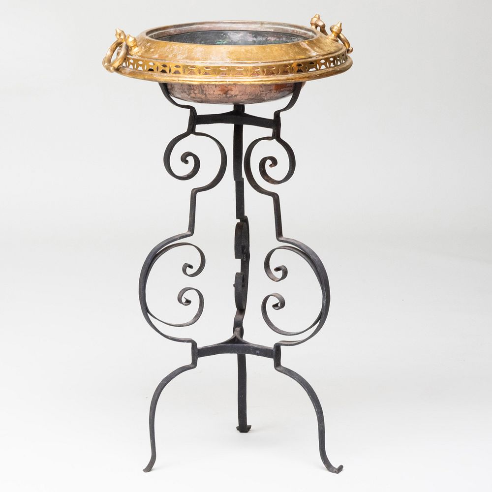 Appraisal: Renaissance Style Brass Basin and a Wrought Iron Wash Stand