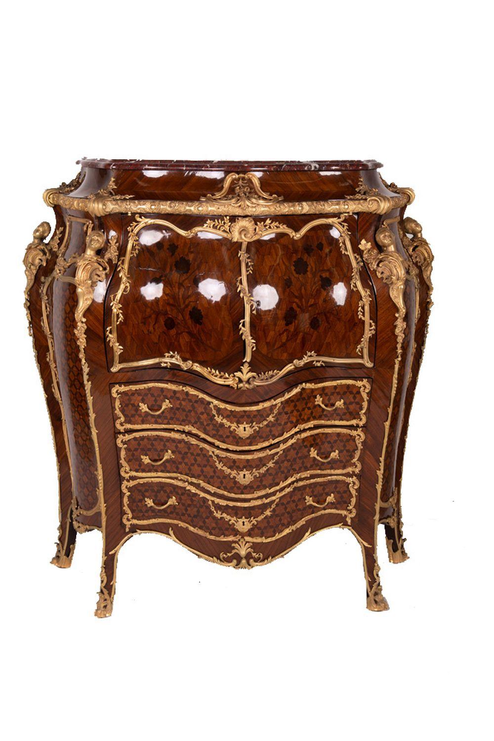 Appraisal: LOUIS XV STYLE ORMOLU-MOUNTED MARQUETRY PARQUETRY TULIPWOOD WRITING CABINET inches