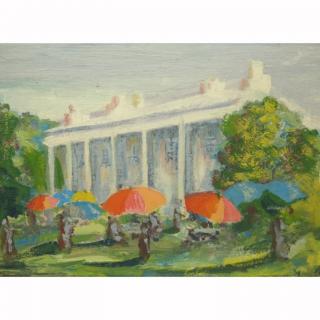 Appraisal: Oil Board 'Mount Vernon Party w Umbrellas' Unsigned Oil on