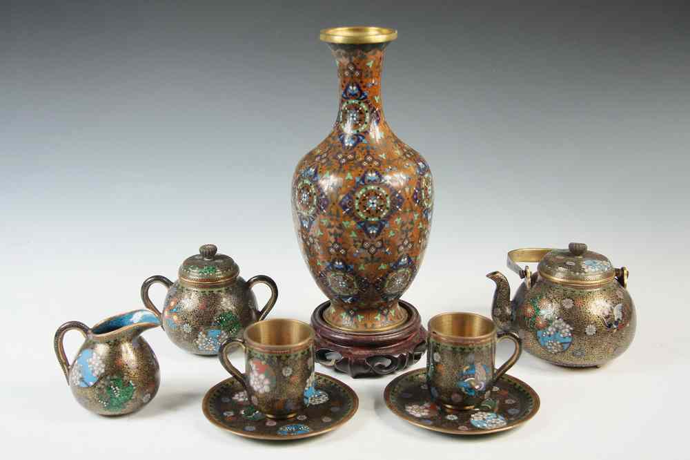 Appraisal: JAPANESE CLOISONNE PC TEA SET VASE - Fine Meiji Period