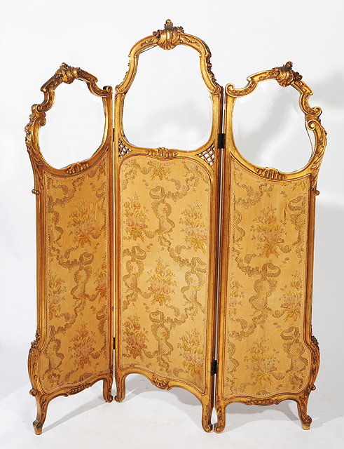 Appraisal: A FRENCH GILT CARVED WOOD THREE FOLD SCREEN of Recoco