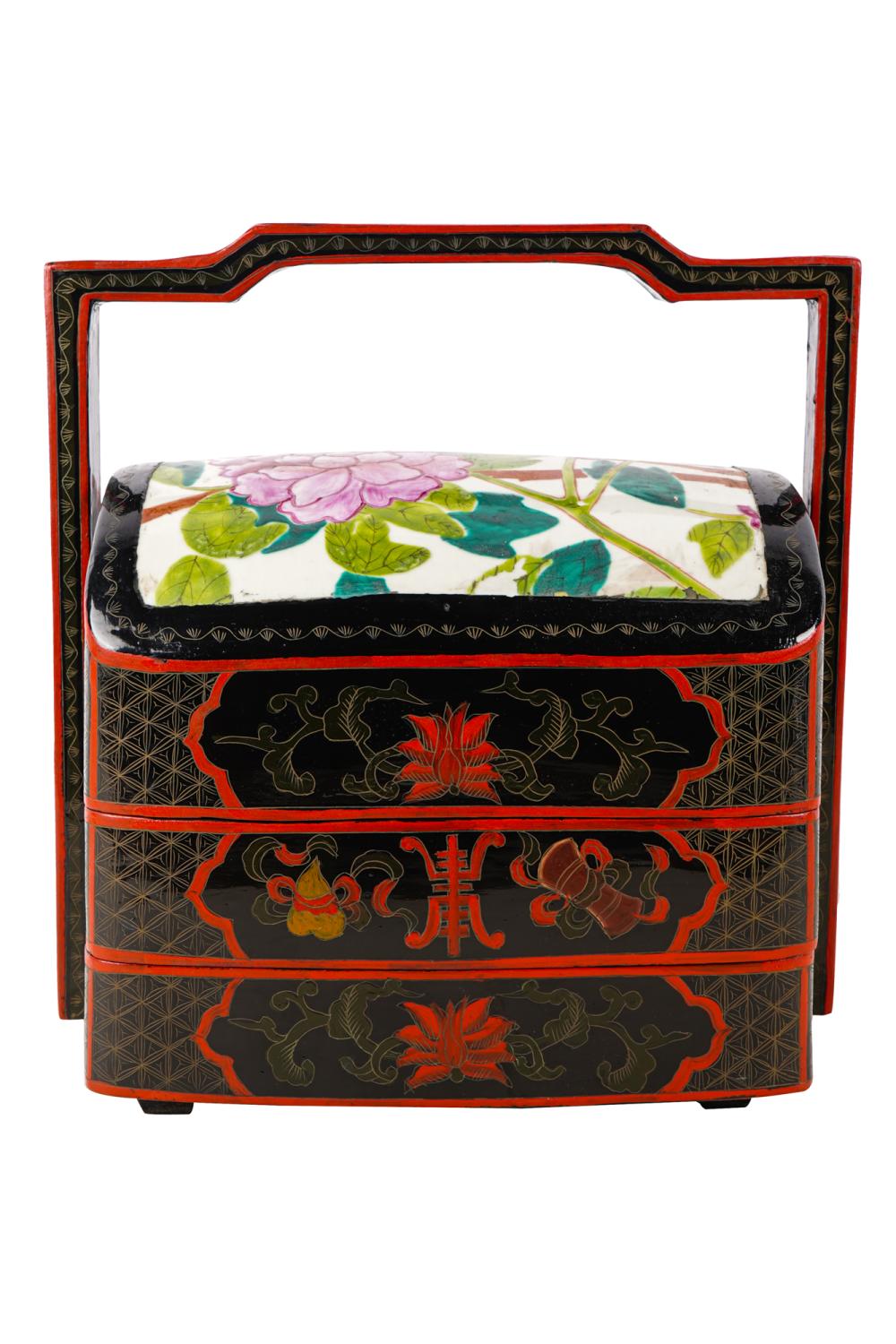 Appraisal: CHINESE PORCELAIN LACQUERED WOOD STACKING BOXEScomprising two boxes and a