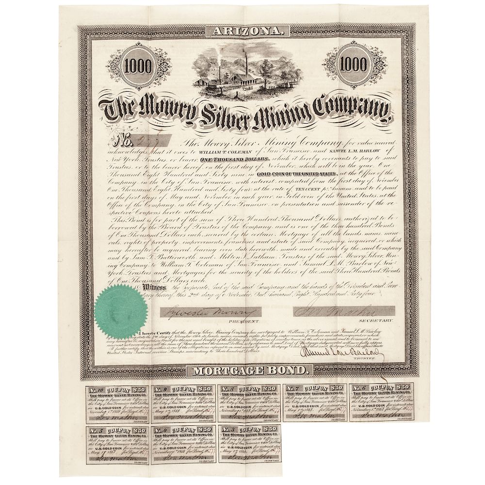 Appraisal: -Dated SYLVESTER MOWRY Signed THE MOWRY SILVER MINING COMPANY BOND