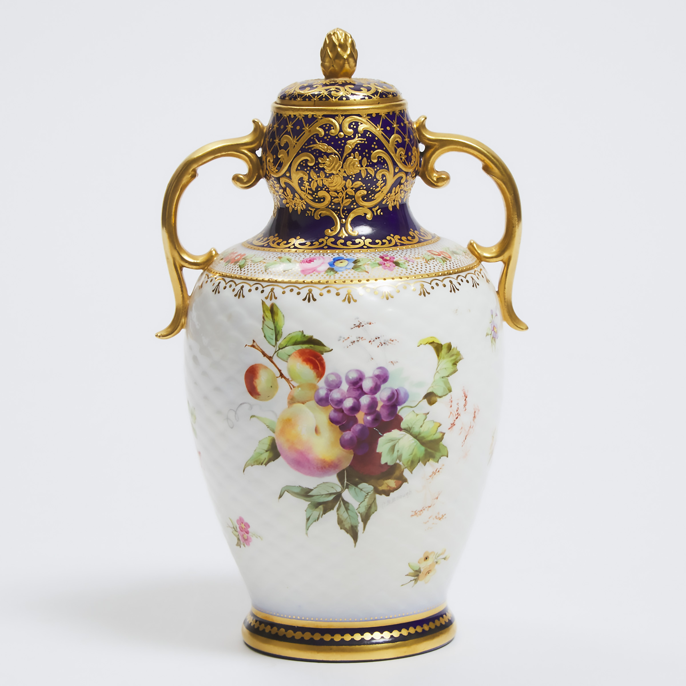 Appraisal: Copeland Fruit and Floral Painted Two-Handled Vase and Cover Charles