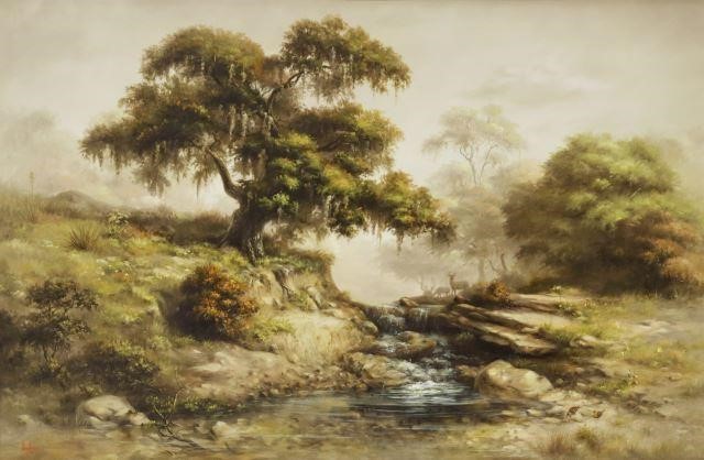 Appraisal: Framed oil painting on canvas Pastoral Forest Stream and Deer