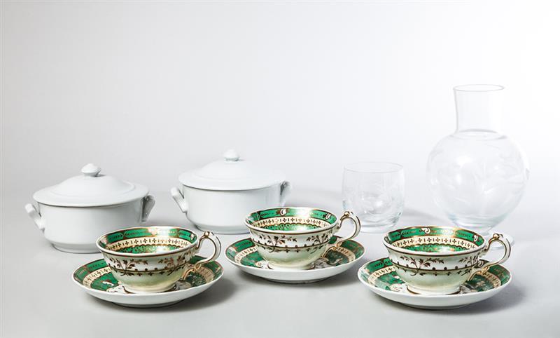 Appraisal: Three English Green-Ground Tea Cups and Saucers a Capo di