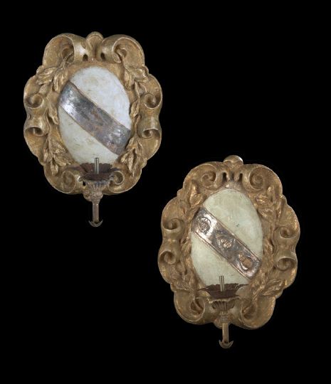 Appraisal: Large Pair of Italian Carved Parcel-Argente and Pale Green-Painted Giltwood