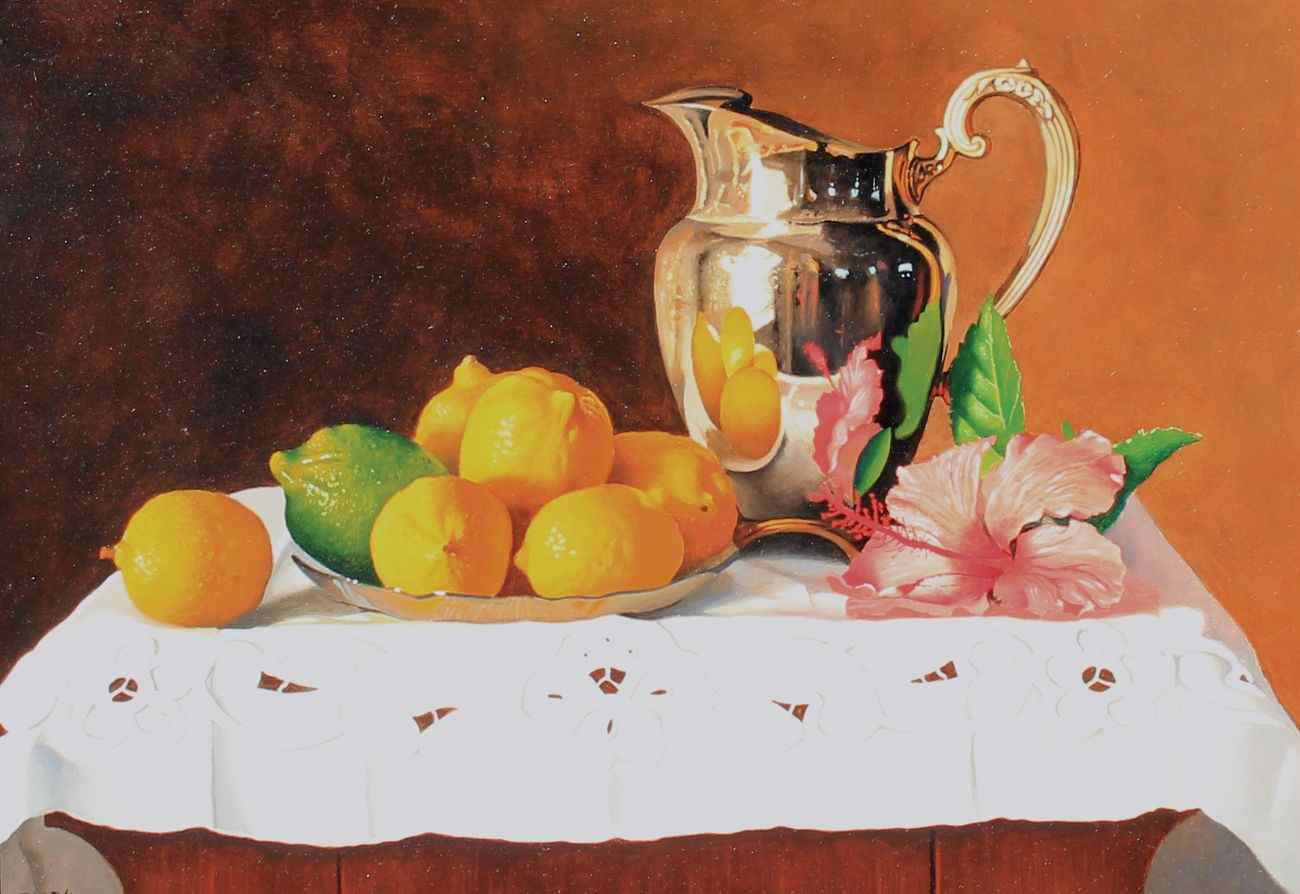 Appraisal: ROBERT ROARKAmerican b Still life with silver pitcher citrus and