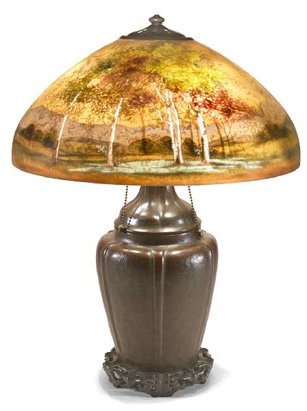 Appraisal: A Handel interior-painted glass and patinated-metal Landscape table lamp early