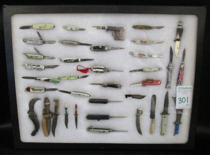 Appraisal: FRAME OF MORE THAN THIRTY MINIATURE KNIVES including advertising automatic