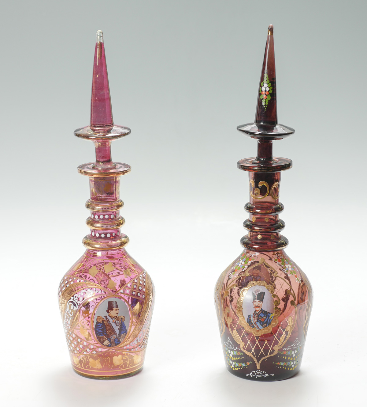 Appraisal: PC PERSIAN ENAMELED PORTRAIT DECANTERS - Large Persian glass decanters